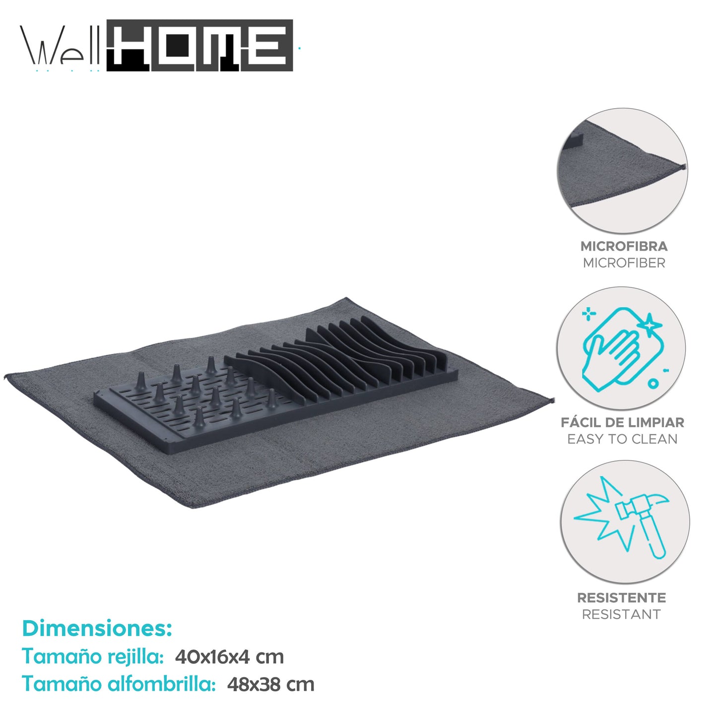 Well Home Escurreplatos Con Alfombrilla De Secado De Microfibra Color Gris_1