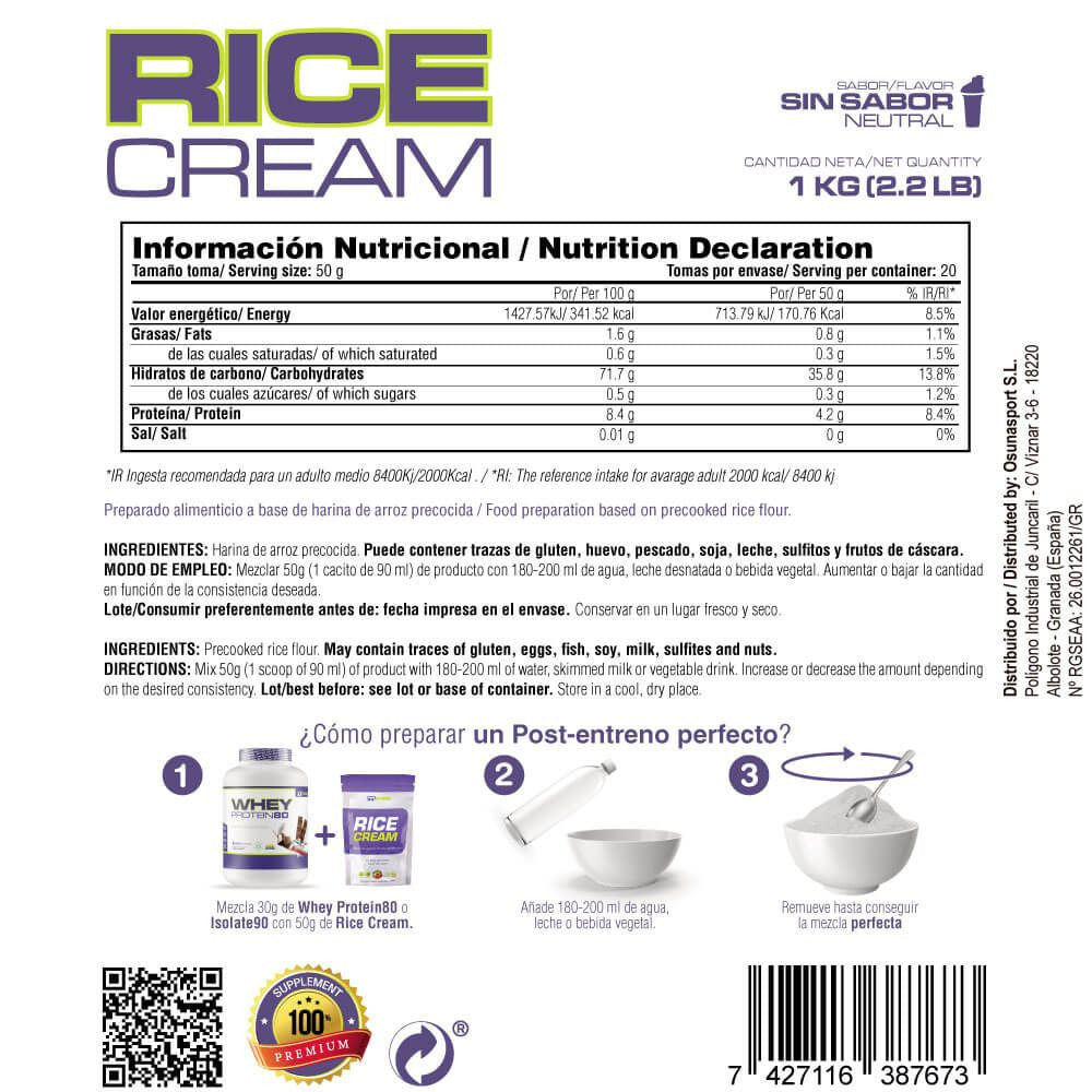 Rice Cream (crema De Arroz Pregelatinizada) - 1kg - Neutro - Fuente De Carbohidratos De Buena - Masmusculo_5