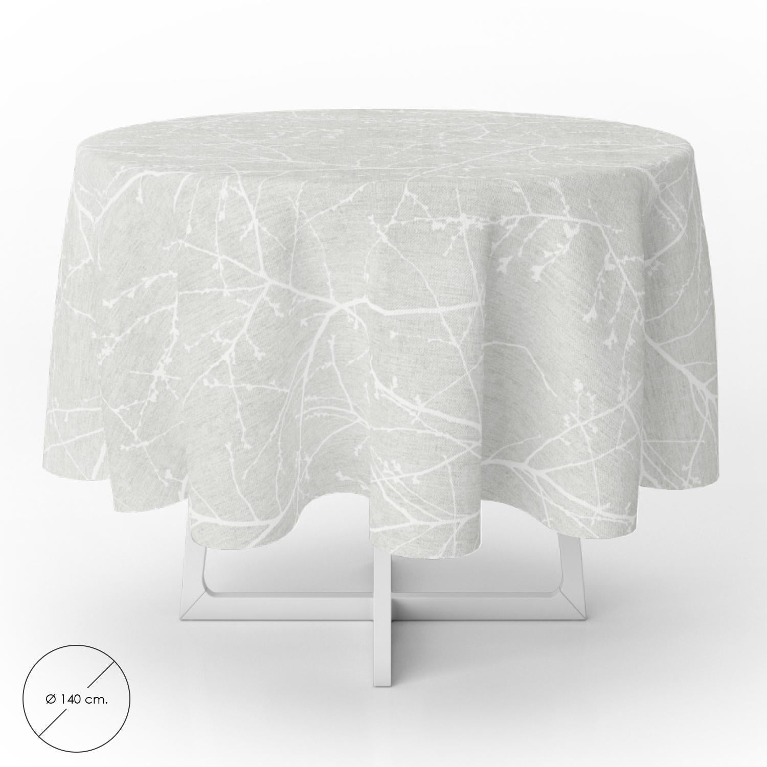 Mantel Hule Redondo Ramas Gris Impermeable Antimanchas Pvc Ø 140 Cm. Uso Interior Y Exterior_0