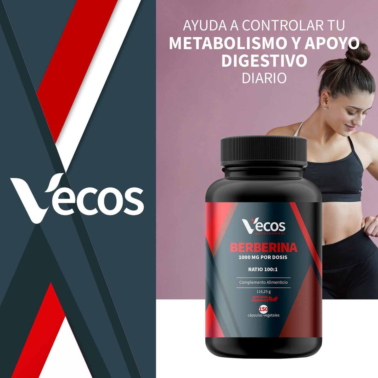 Berberina 1000 Mg 100:1 Vecos 150 Cápsulas | Control De Glucosa Y Metabolismo | Con Cromo Y Piperina 95%_1