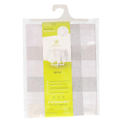 Mantel Hule Redondo Cuadros Beige Impermeable Antimanchas Pvc Ø 140 Cm. Uso Interior Y Exterior_3