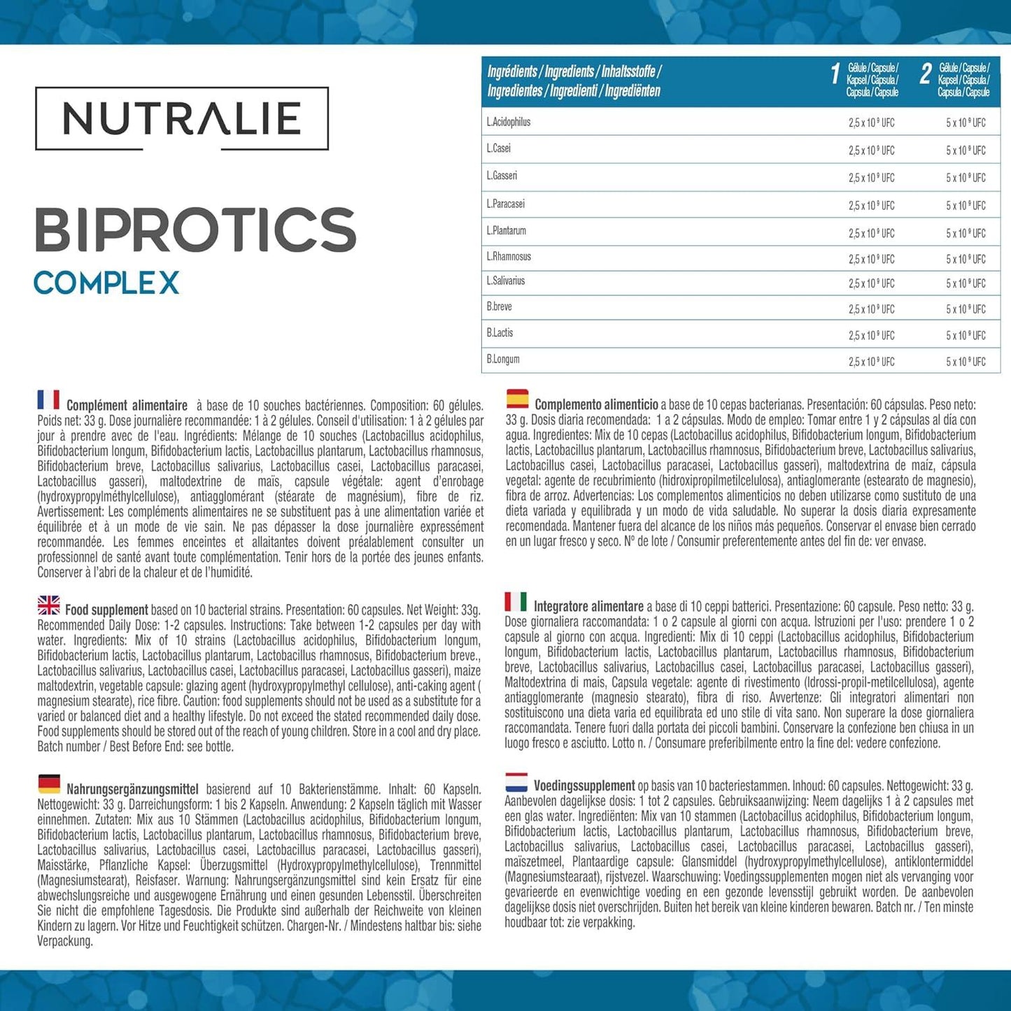 Nutralie Probióticos Intestinais 10 Estirpes 60 Cápsulas