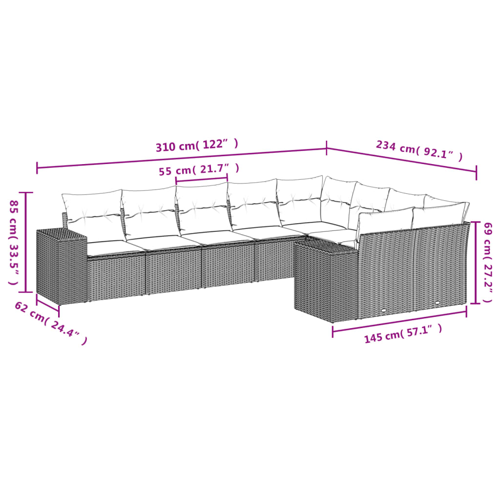 Set De Muebles De Jardín 9 Pzas Y Cojines Ratán Sintético Gris / Vetonek_1
