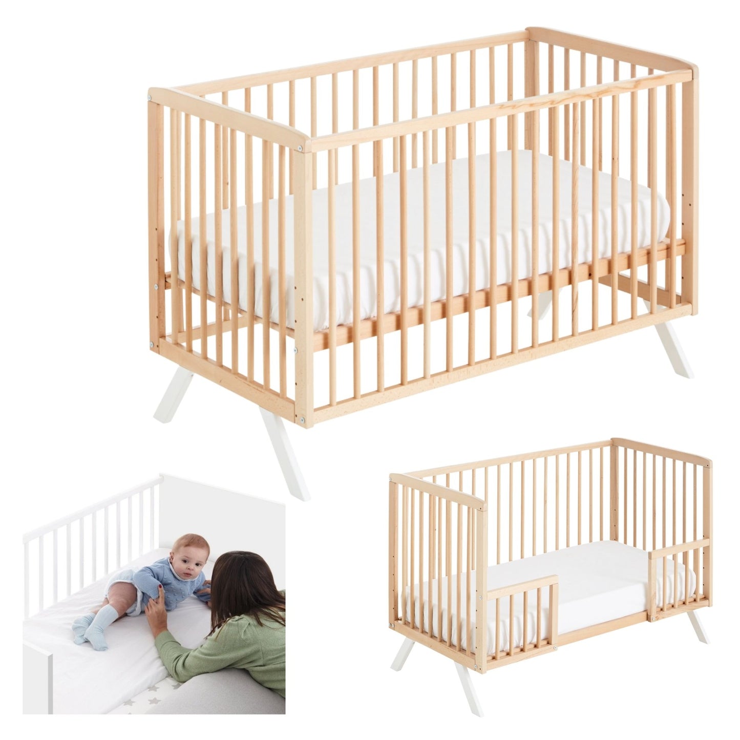 Cuna De Bebe Convertible En Cama Koala Con Kit Colecho Y Kit Barandillas_0