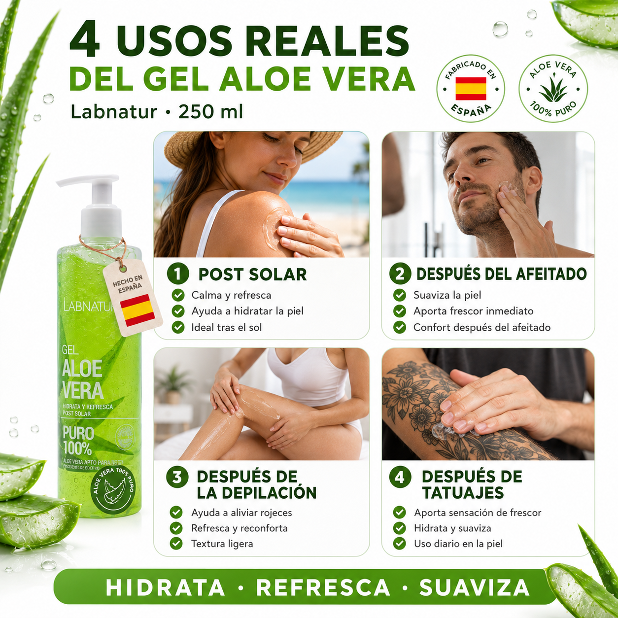 Gel ALOE VERA 100% PURO | Ecológico y Vegano | Piel Sensible | Hidrata, Nutre, Calma y Refresca | Rápida Absorción_1