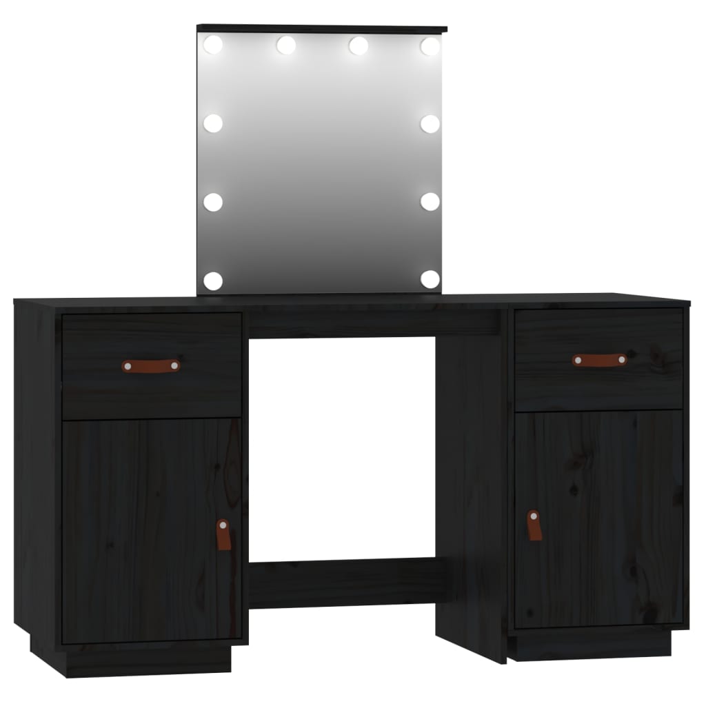 Juego De Tocador Con Led Madera Maciza De Pino Negro_1