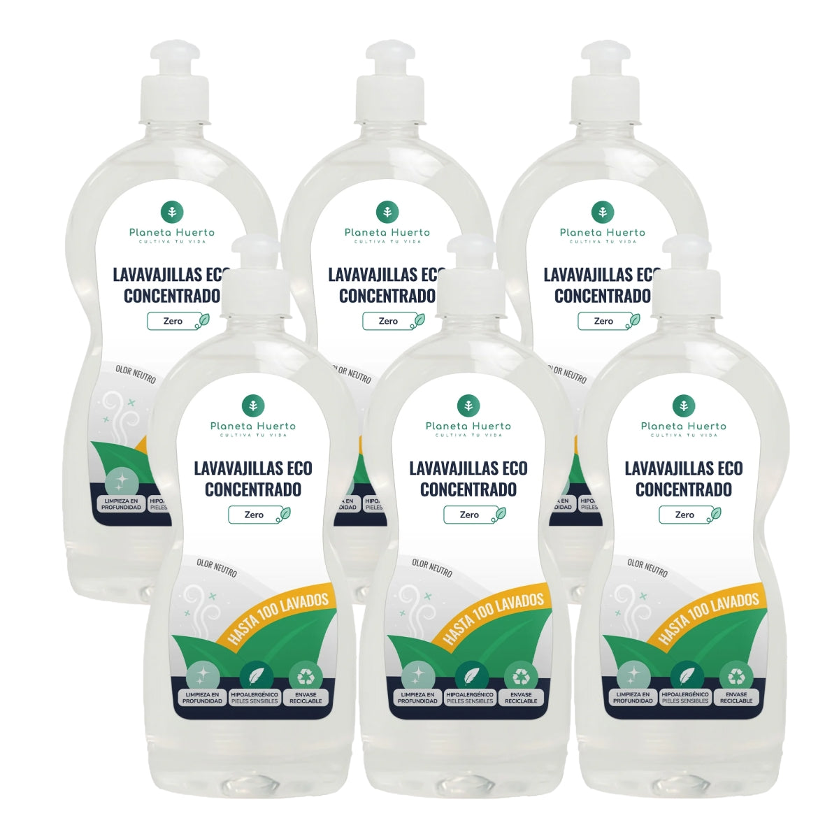 Embalagem de 6 detergentes hipoalergénicos para máquina de lavar louça Planeta Huerto ECO, sem fragrância, 750 ml