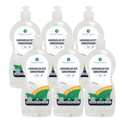 Embalagem de 6 detergentes hipoalergénicos para máquina de lavar louça Planeta Huerto ECO, sem fragrância, 750 ml