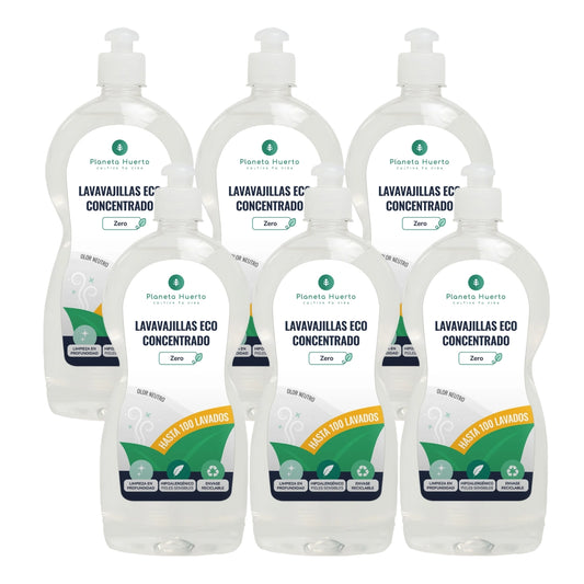 Embalagem de 6 detergentes hipoalergénicos para máquina de lavar louça Planeta Huerto ECO, sem fragrância, 750 ml