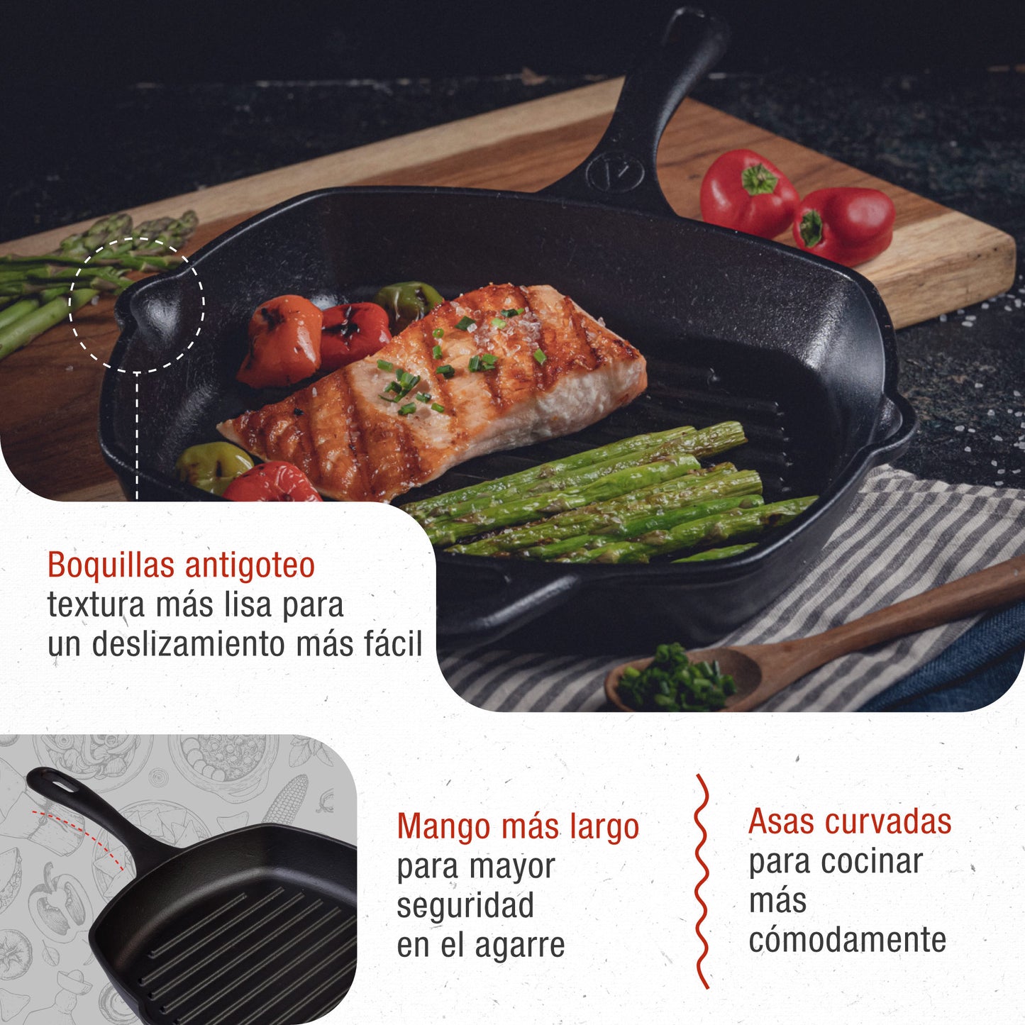 Victoria Sartén Grill Hierro Fundido Curado Inducción 25x25cm, Apta Fuego, Barbacoa, Cast Iron Skillet, 38571, Negro_2