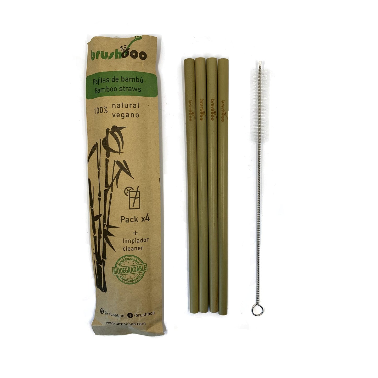Embalagem com 4 palhinhas de bambu e limpador Brushboo
