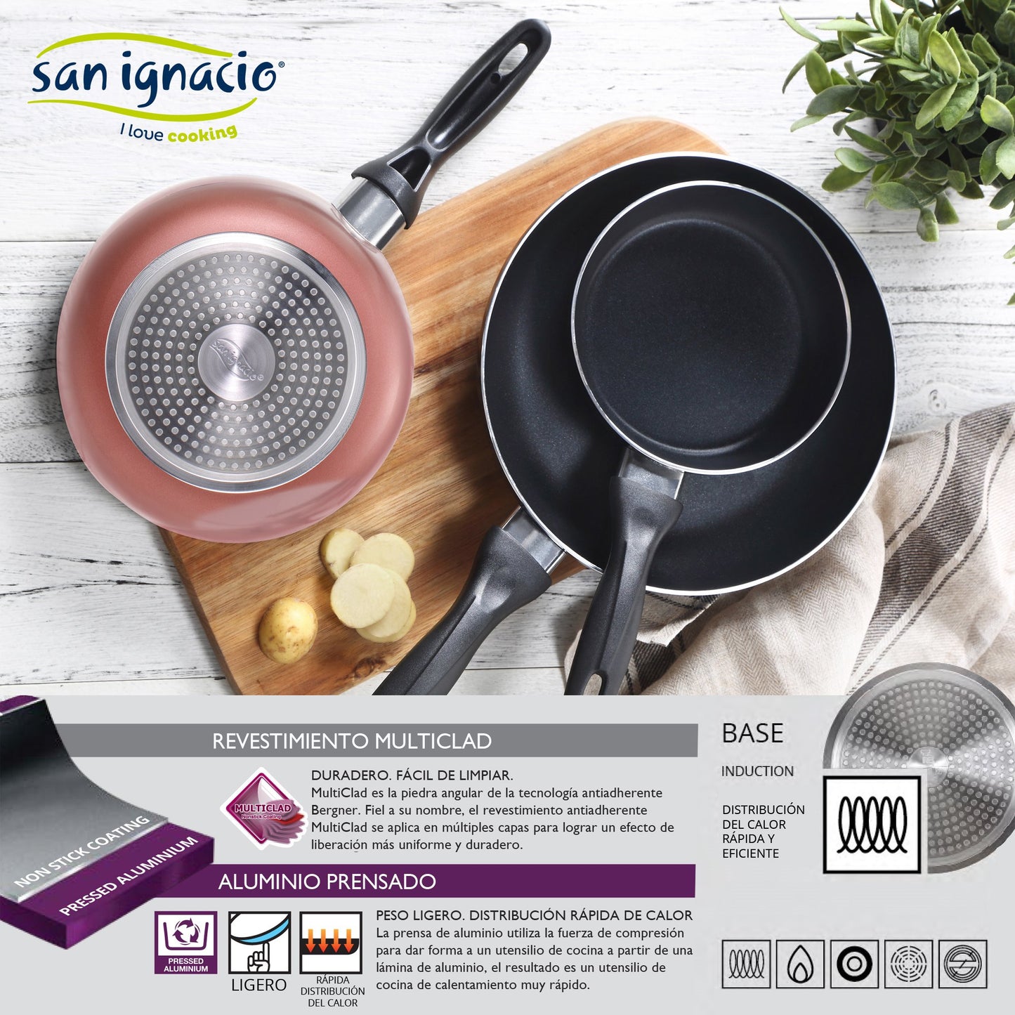 San Ignacio Set Batería De Cocina De 5 Piezas Acero Inoxidable + 3 Sartenes Ø16/20/24 Cm Aluminio Prensado, Aptas Para Inducción
