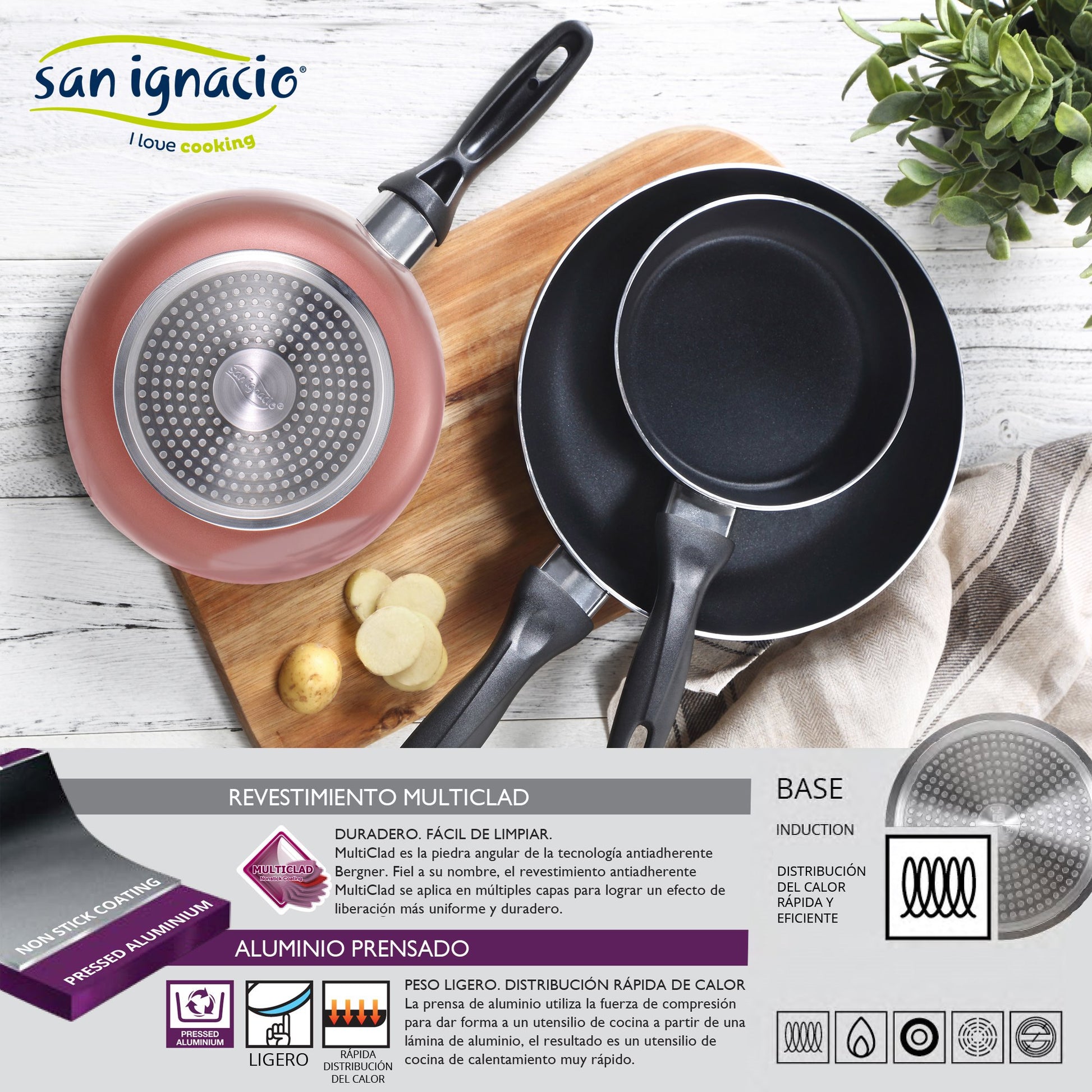 San Ignacio Set Batería De Cocina De 8 Piezas Acero Inoxidable + 3 Sartenes Ø16/20/24 Cm Aluminio Prensado, Aptas Para Inducción