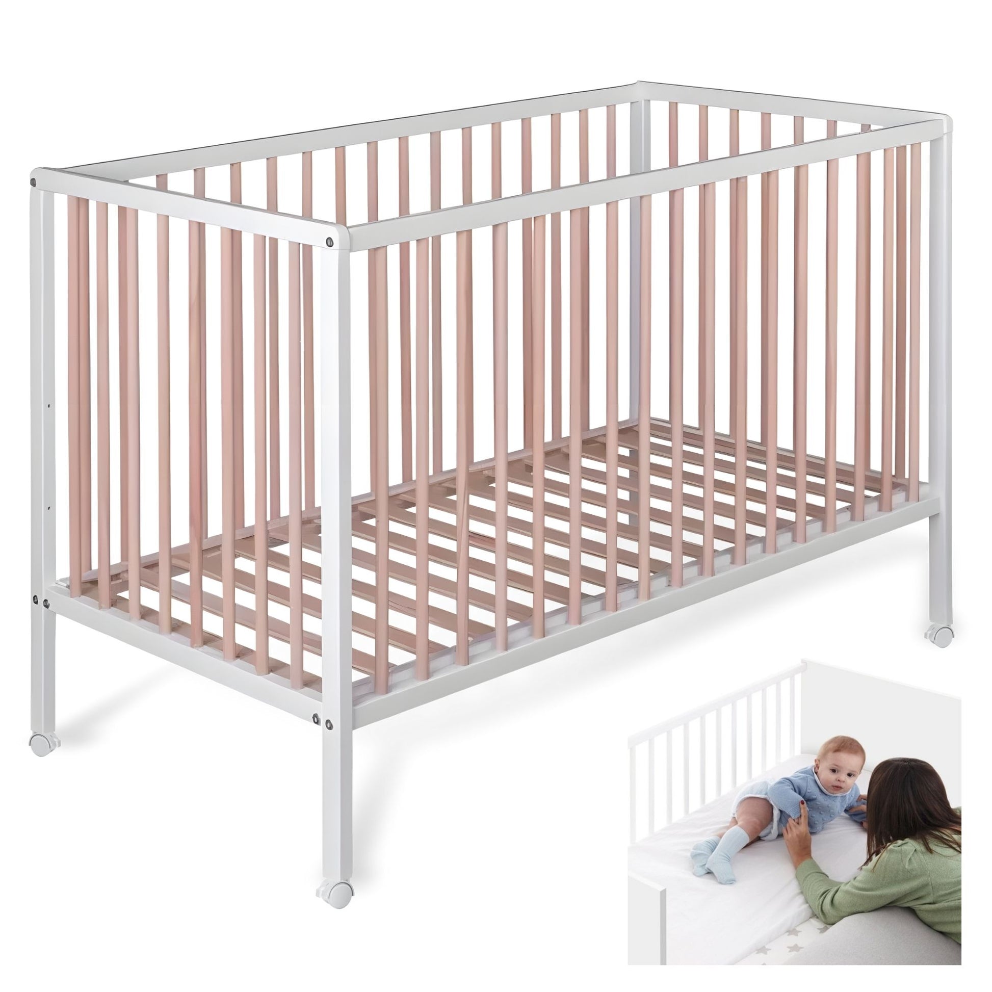 Cuna Colecho De Bebé Laponia Color Natural 120x60 Cm Madera De Haya, 3 Alturas De Somier Y 4 Ruedas Con Freno_0