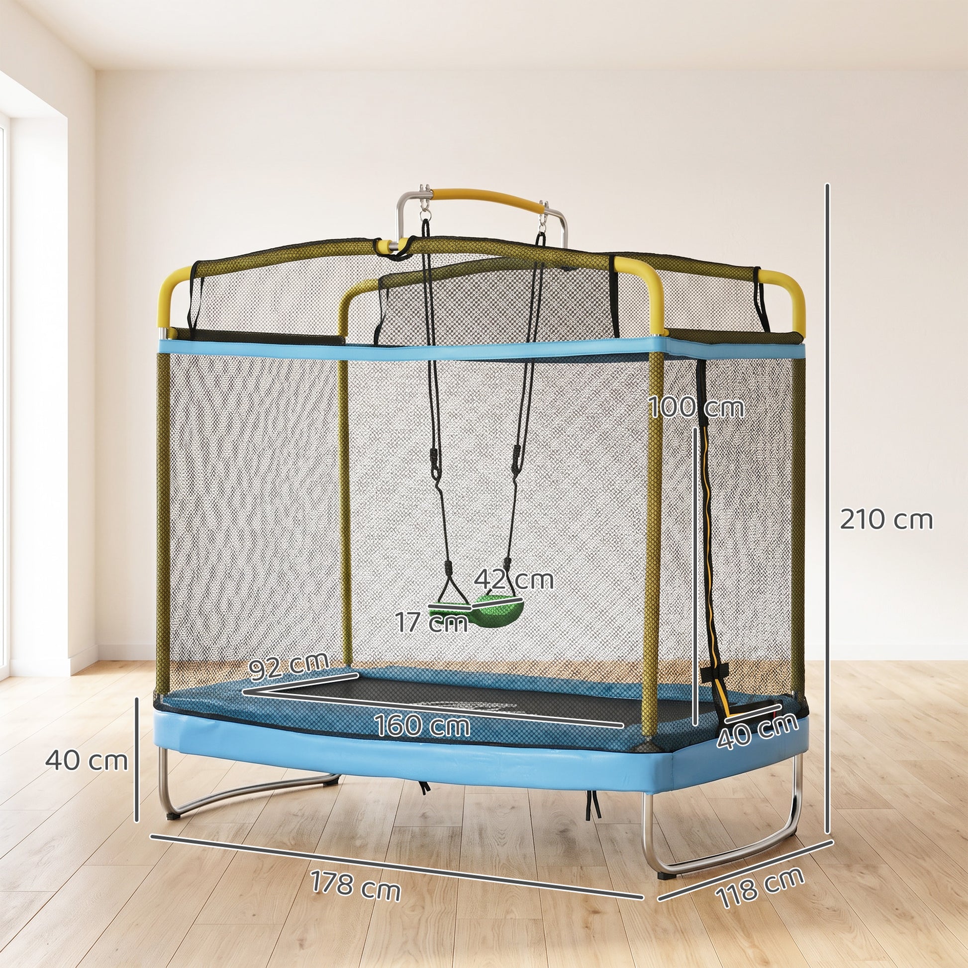 Zonekiz Trampolín Para Niños Con Red De Seguridad 178x118x210 Cm Azul Claro_2