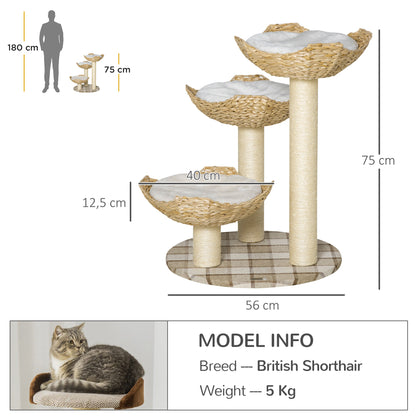 Pawhut Árbol Rascador Para Gatos Altura 75 Cm Con 3 Camas Cojines Totora Postes_2
