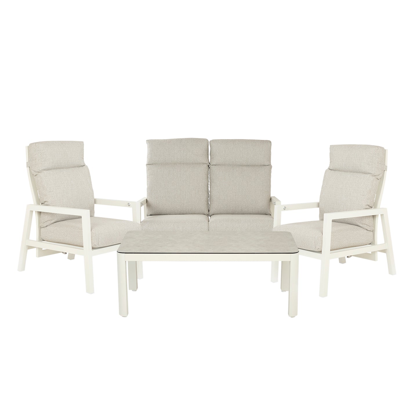 Conjunto De Sofás Para Jardín, Sofá 2 Plazas, Aluminio, Color Blanco Envejecido, Mesa:120x60x45cm Sillón:66x83x104 Cm Sofá:125x82x105 Cm Alto_0