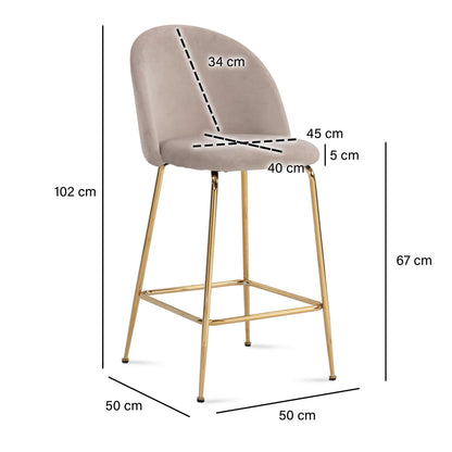 Juego De 2 Taburetes De Bar, Terciopelo Beige Con Respaldo Y Patas Doradas_3