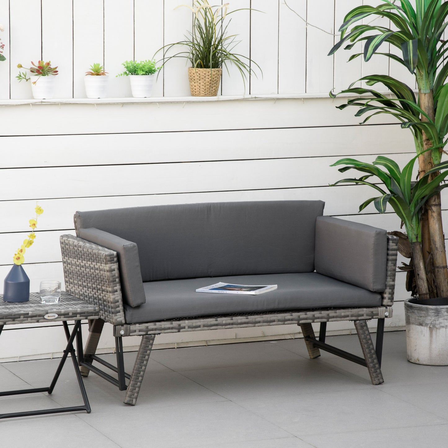 Outsunny Sofá De Ratán 2 Plazas Convertible Cama Con Cojines Acolchados Gris_1