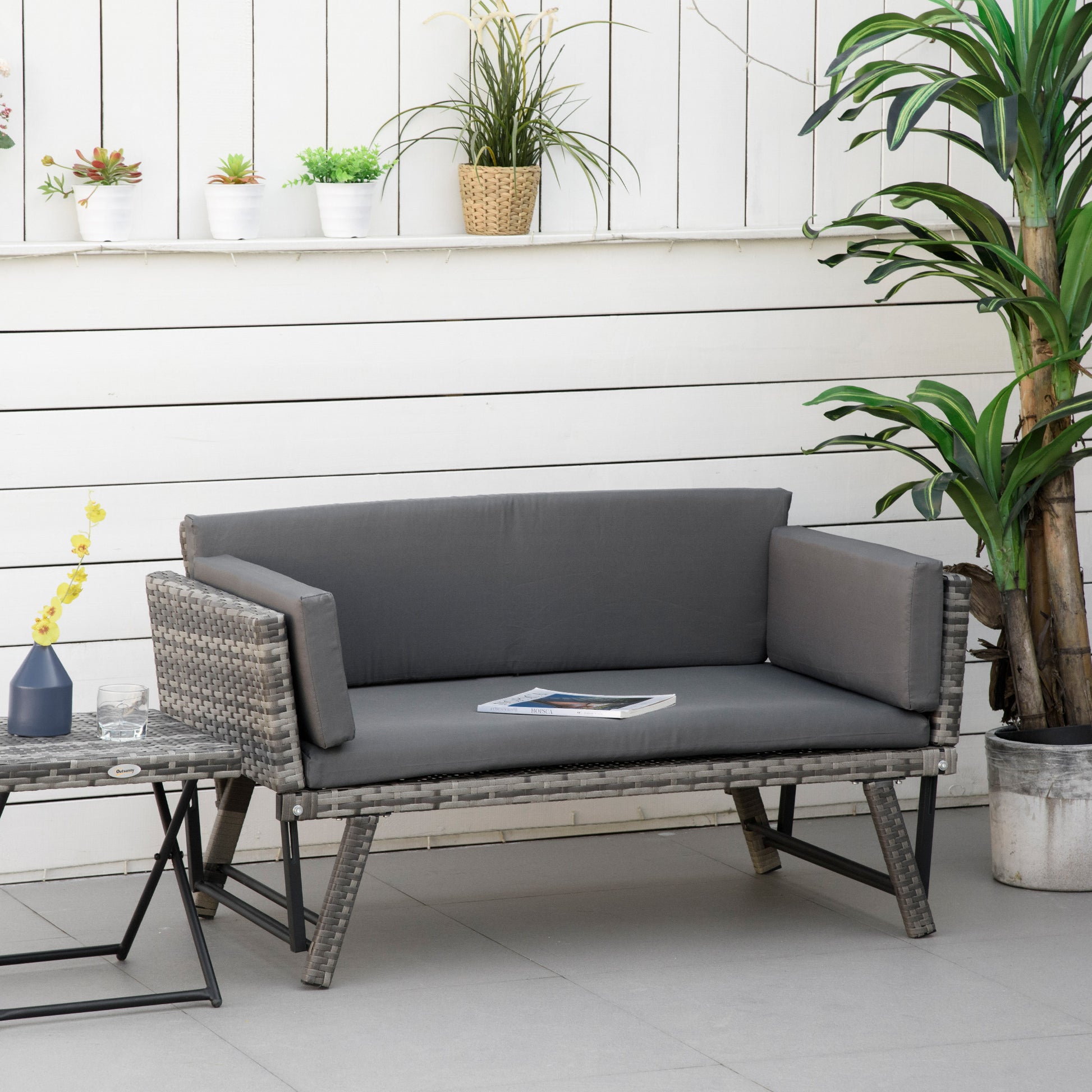 Outsunny Sofá De Ratán 2 Plazas Convertible Cama Con Cojines Acolchados Gris_1