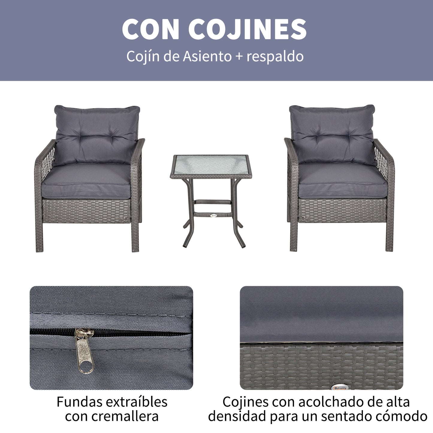 Outsunny Conjunto De Muebles De Ratán Jardín 2 Sillones Y Mesa De Vidrio Gris_5