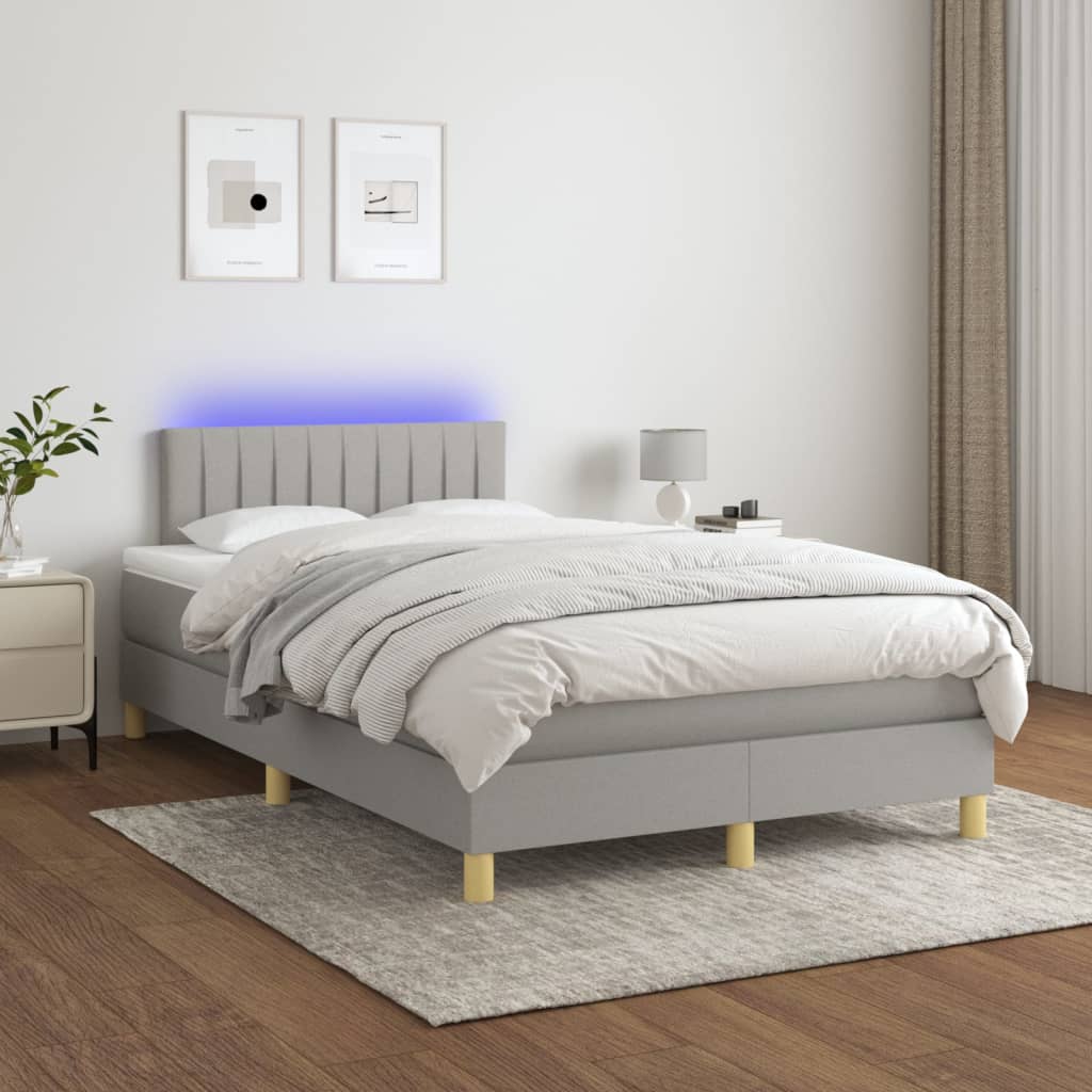 Cama Box Spring Con Colchón Tela Y Led Gris Claro 120x200 Cm / Vetonek_1