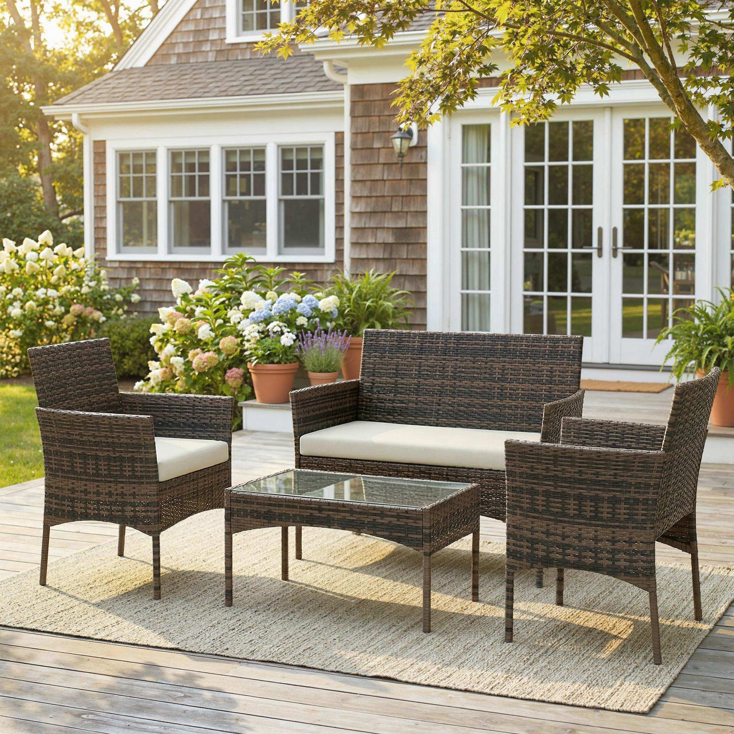 Outsunny Conjunto Jardín Exterior De Ratán Sintético Con Cojines Marrón_1