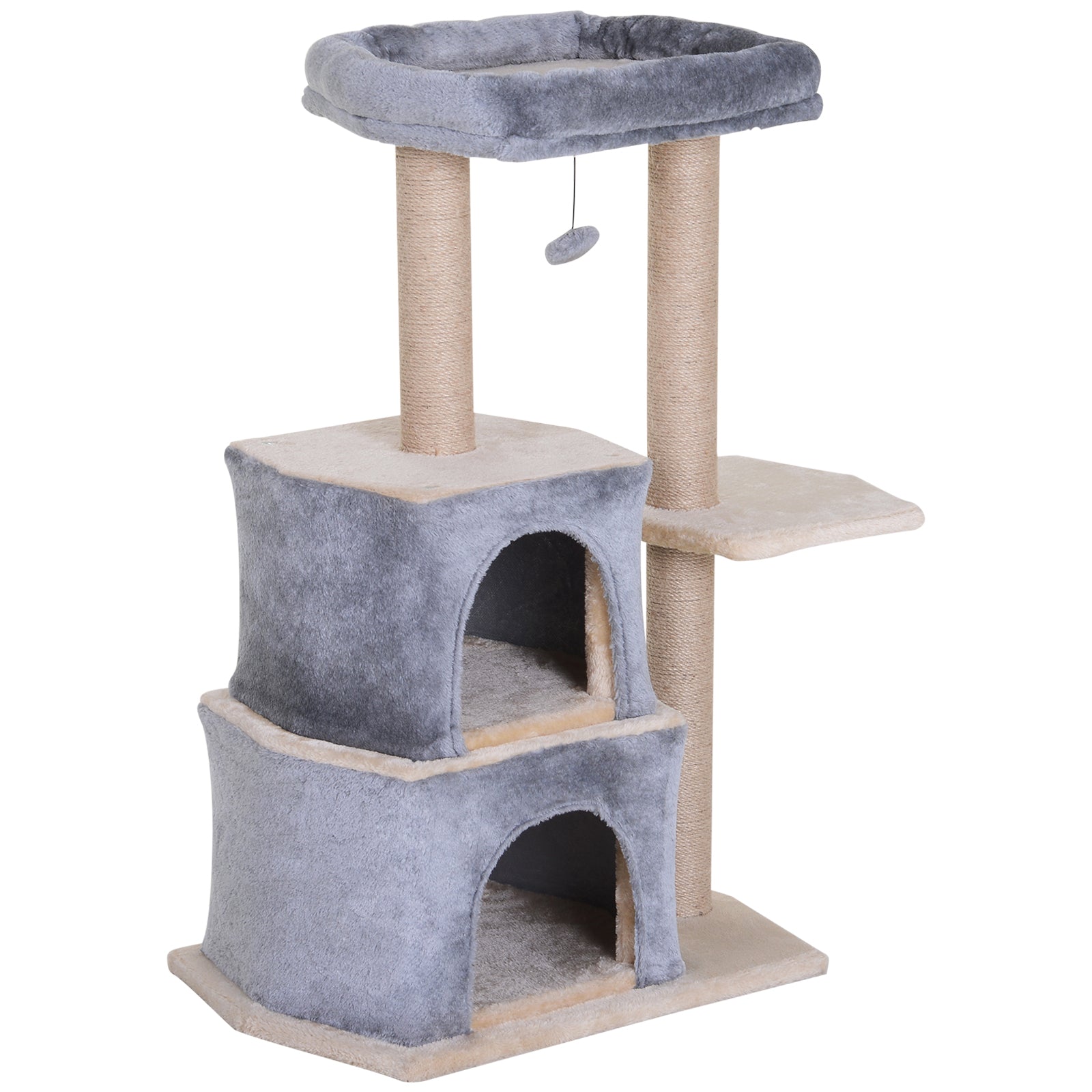 Pawhut Árbol Rascador Para Gatos De 92 Cm Con 2 Cuevas Bola Colgantes Gris_0