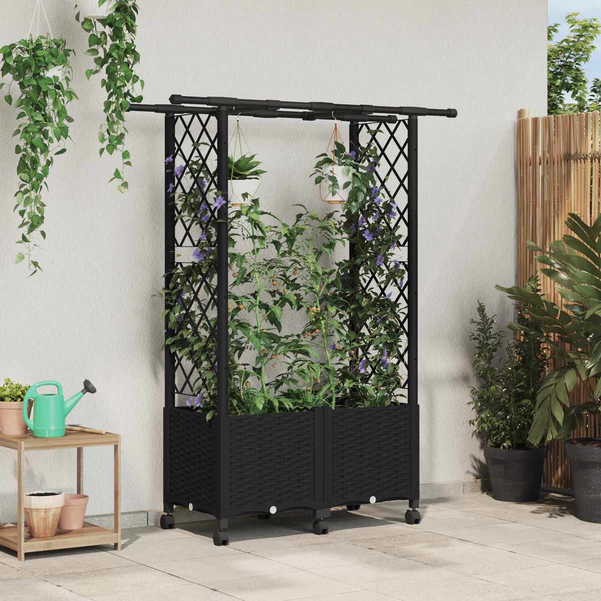 Cama Elevada Con Trellis Y Techo Negro 124,5 X 40 X 142 Cm Pp_1