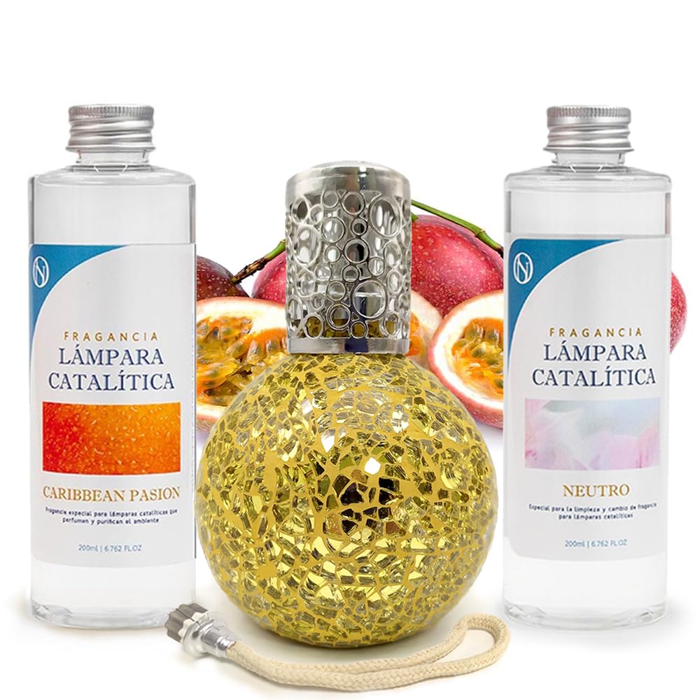 Pack Ahorro Lámpara Catalítica Mosaico Dorado + Aroma Caribbean Passion 500ml + Limpiador Neutro 200ml + Mecha Repuesto_0