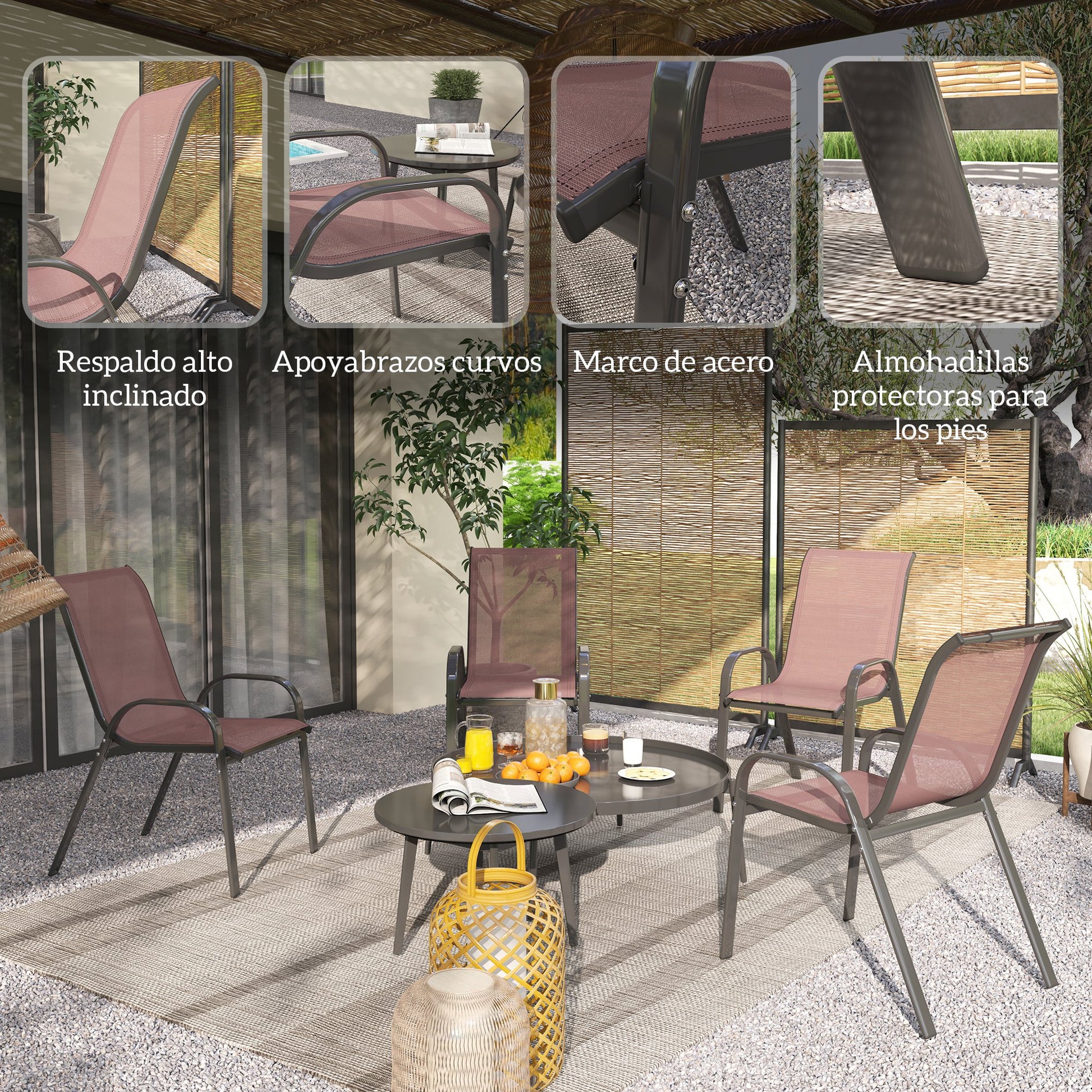 Outsunny Juego De 4 Sillas De Jardín Apilables 54x71x93 Cm Marrón Oscuro Y Negro_5