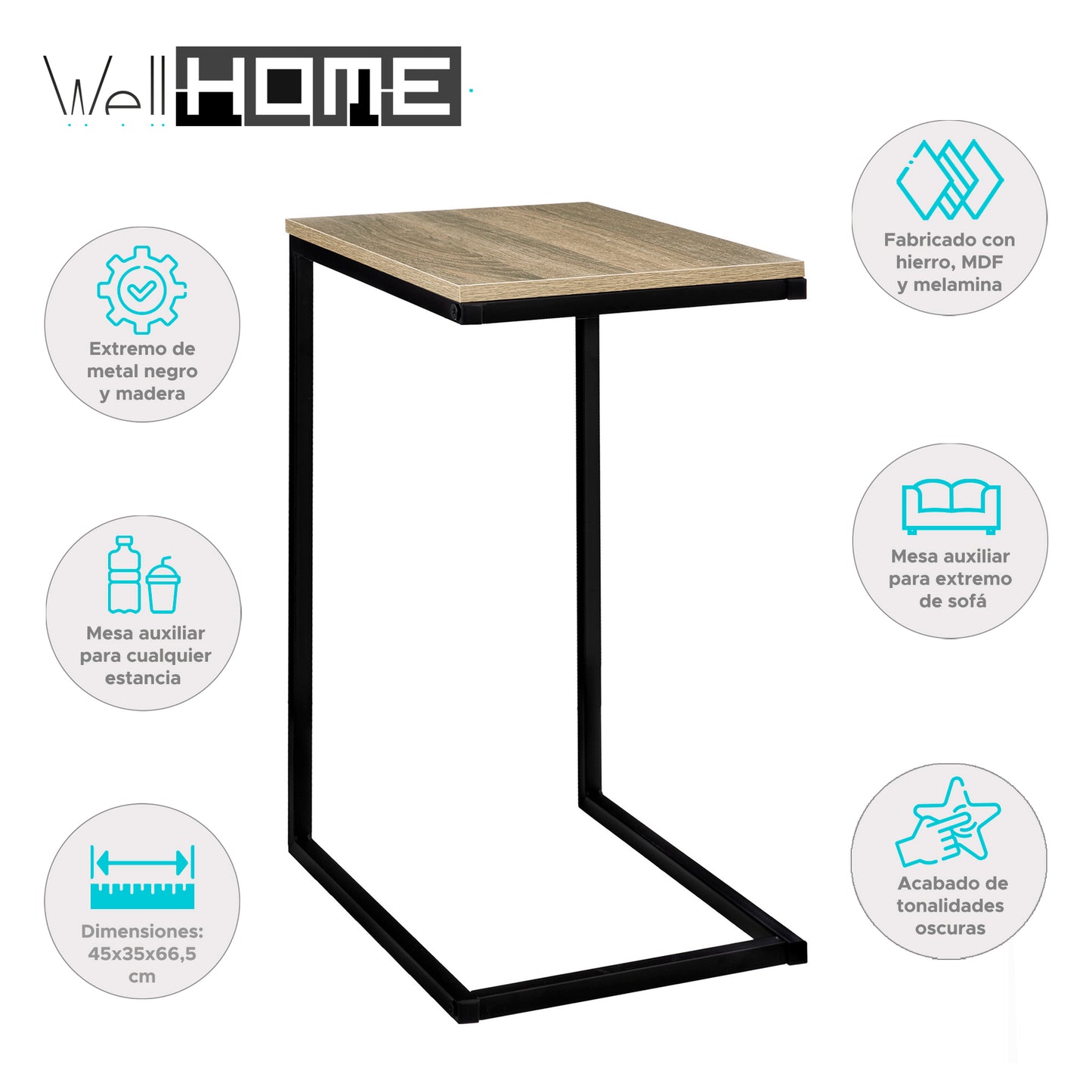 Wellhome Mesa Extremo Sofá Metal Negro Y Madera_1