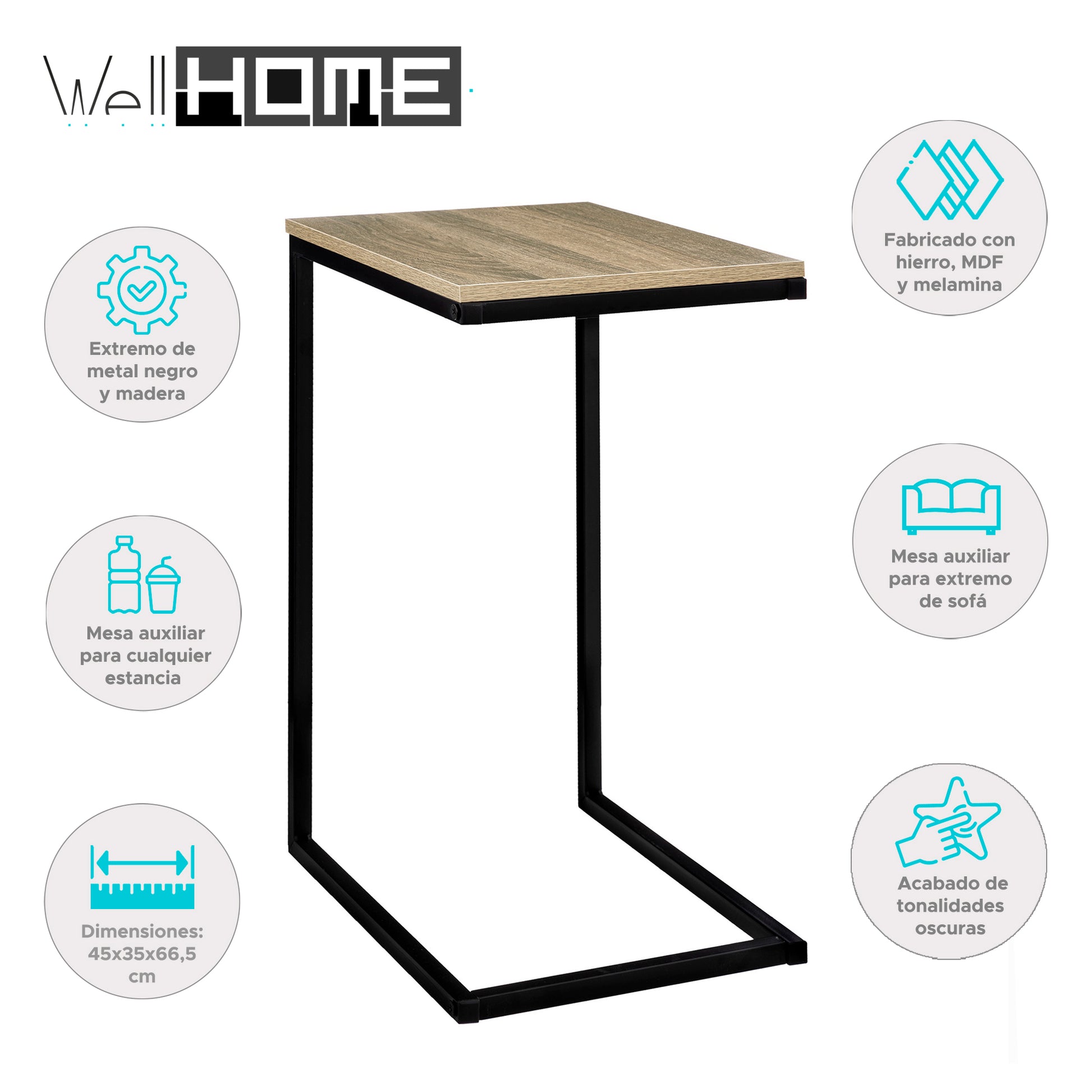 Wellhome Mesa Extremo Sofá Metal Negro Y Madera_1