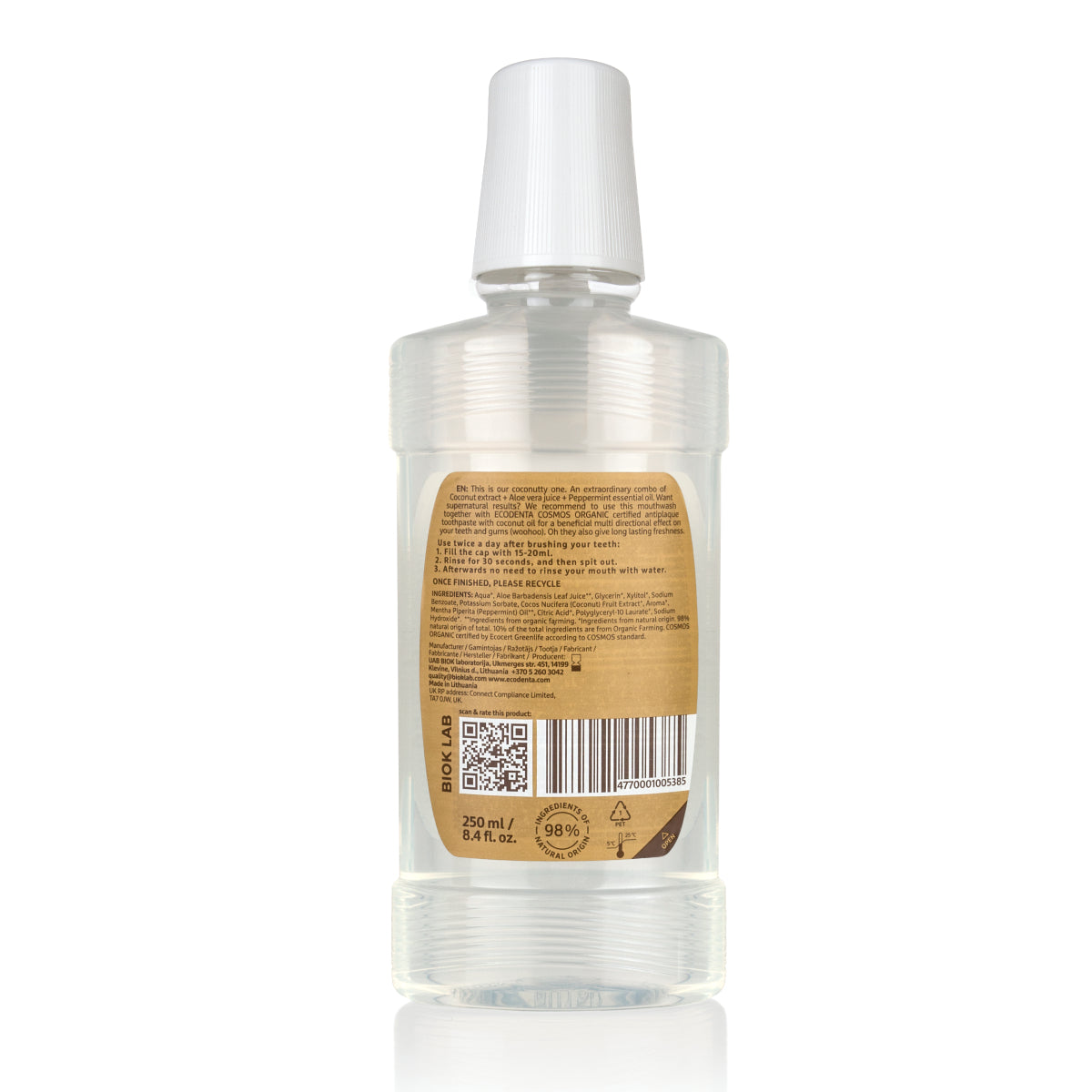 Enjuague bucal Aliento Fresco sabor Aloe Vera, Menta y Coco Bio EcoDenta 250 ml
