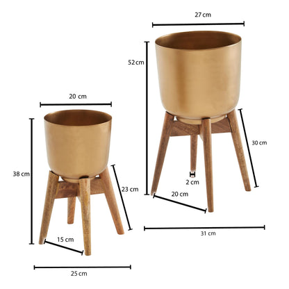 Juego De Maceteros De Metal / Madera Maciza Dorado_3