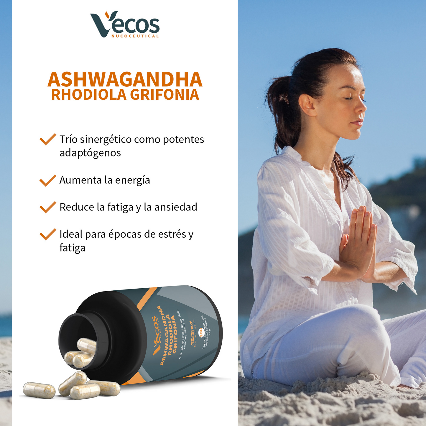 Ashwagandha Rhodiola Grifonia Vecos 100 Cápsulas | Estrés, Ánimo Y Equilibrio Diario | Con 5-htp_3