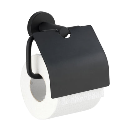 Suporte para rolo de papel higiénico Wenko Bosio em aço inoxidável com tampa em preto mate