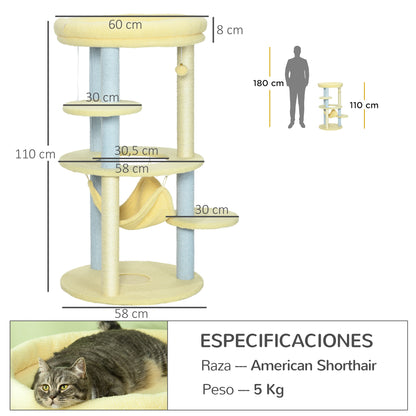 Pawhut Árbol Rascador Para Gatos Mediano 110 Cm Ø58x110 Cm Amarillo Y Azul_2