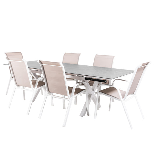 Conjunto De Mesas Y Sillas Apilables Para Terraza, Mesa Extensible 150 A 250 Cm, Aluminio Y Cristal, Color Blanco_0