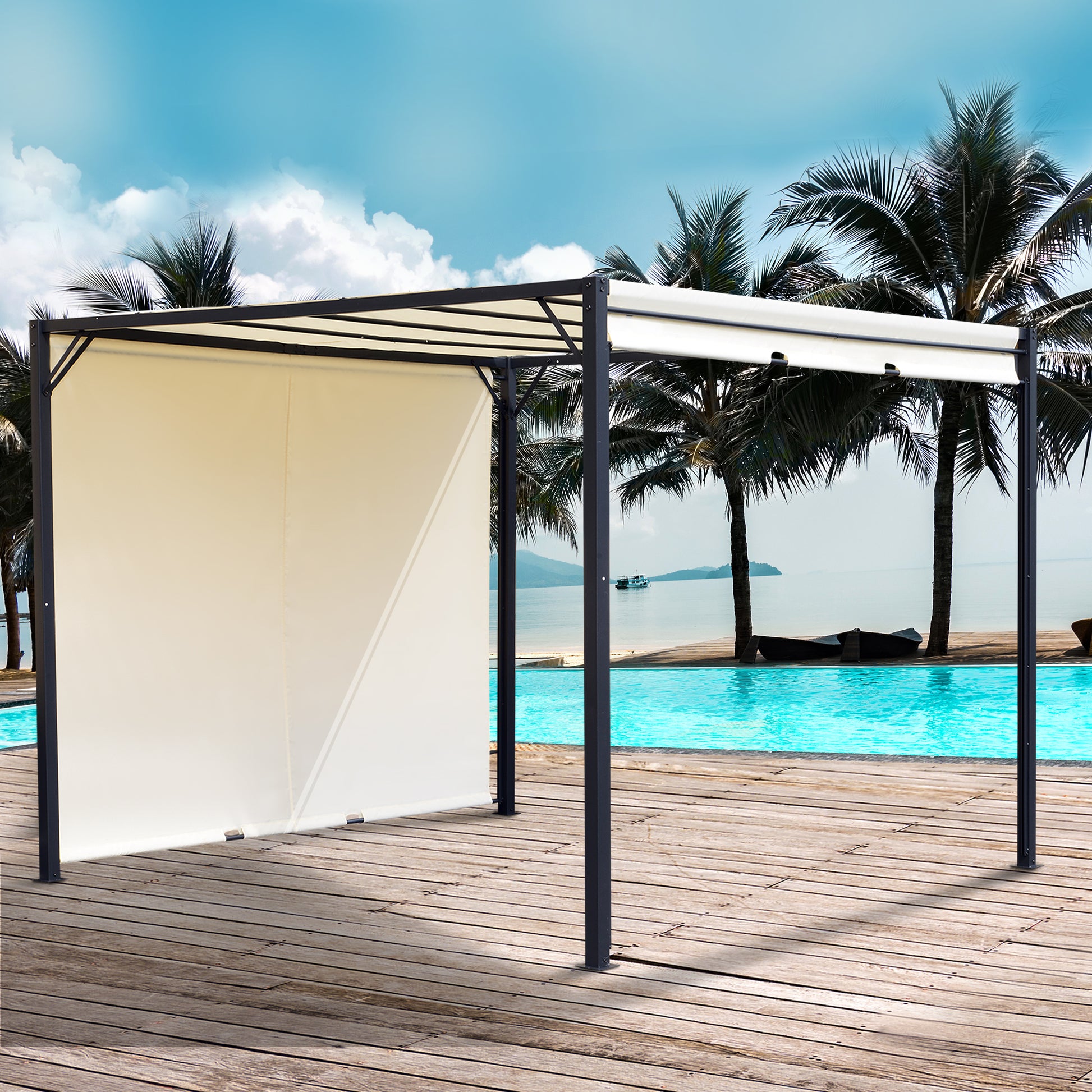Outsunny Pérgola Gazebo Cenador Con Techo Retráctil Y Pared Lateral Acero_5