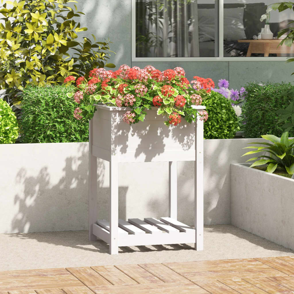 Jardinera Con Estante Madera Maciza De Pino Blanco 54x54x81 Cm_1