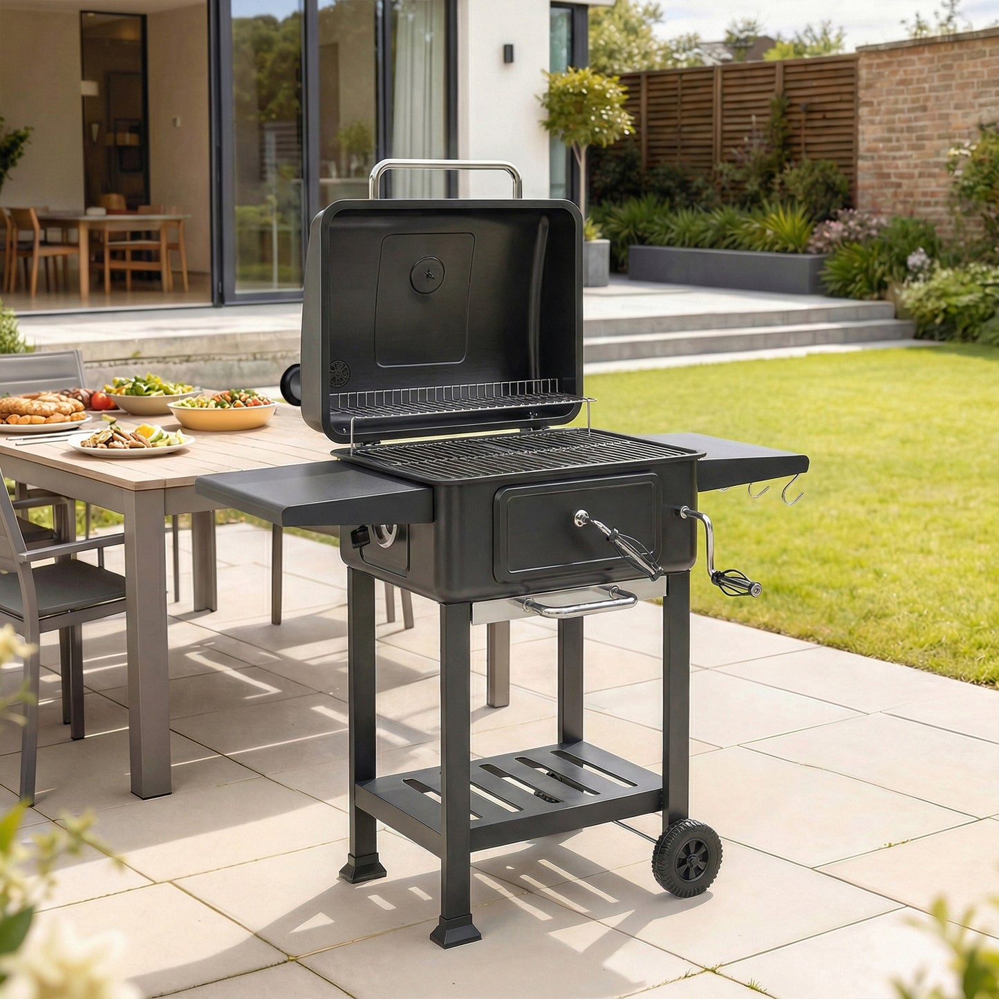 Outsunny Barbacoa De Carbón Con Gran Parrilla Bandeja Ajustable Estantes Ruedas_1