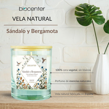 Vela Natural de Sândalo e Bergamota - cera vegetal e óleos essenciais, 200 gr