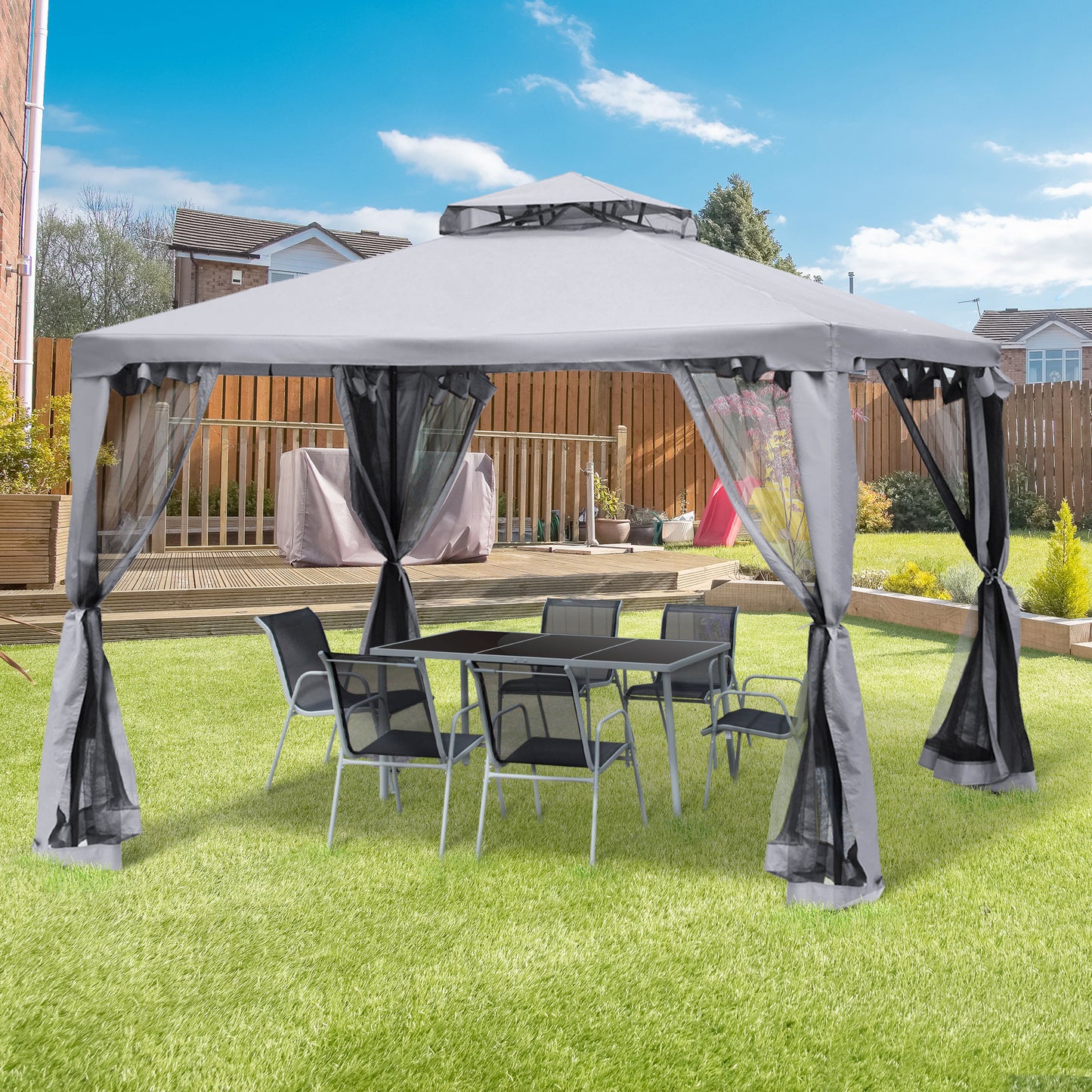 Outsunny Cenador De Jardín 3x3 M Con Doble Techo 4 Cortinas Mosquiteras Gris_1
