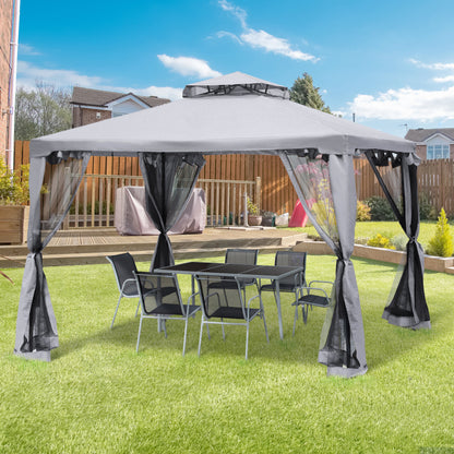 Outsunny Cenador De Jardín 3x3 M Con Doble Techo 4 Cortinas Mosquiteras Gris_1