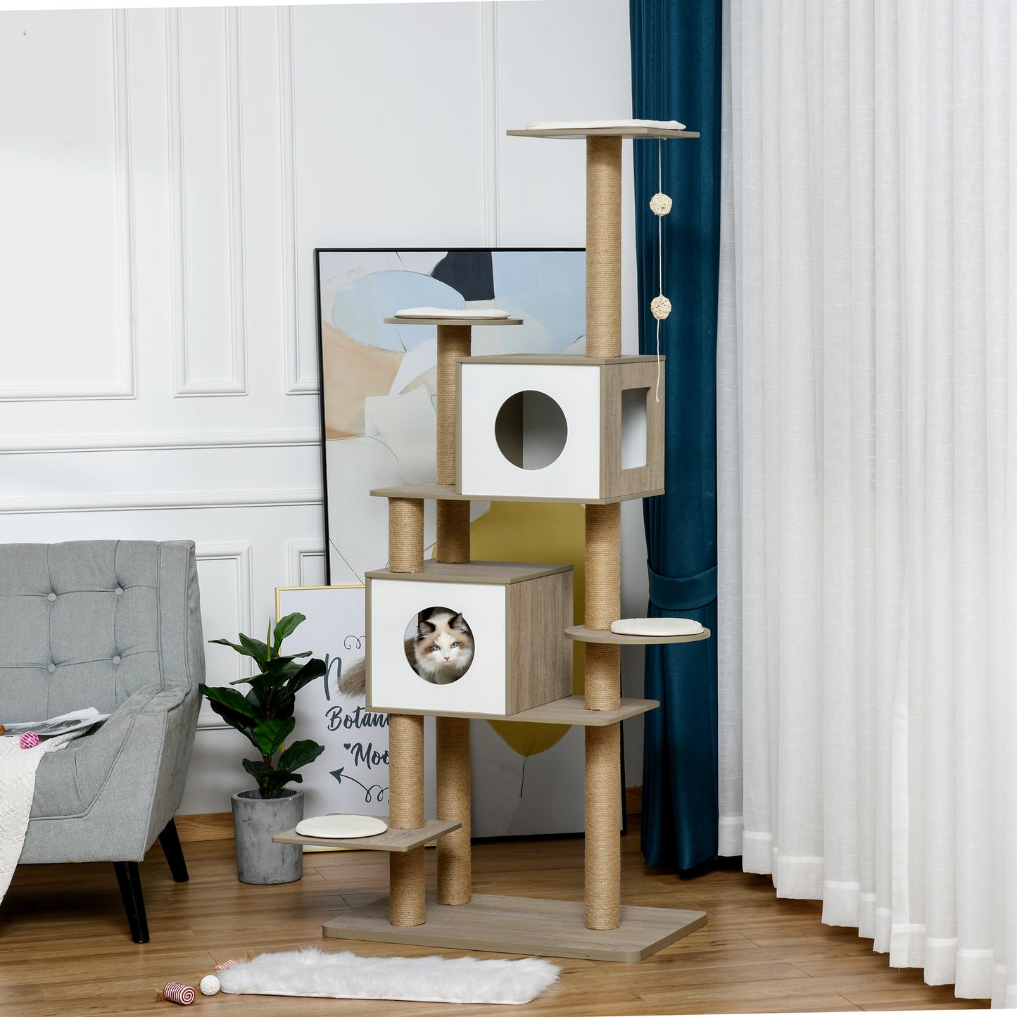 Pawhut Árbol Rascador Para Gatos Altura 177cm Cueva Juguete Colgante Blanco Y_1