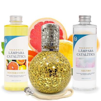 Pack Ahorro Lámpara Catalítica Mosaico Dorado + Fragancia Winter Citrus 200ml + Limpiador Neutro 200ml + Mecha Repuesto_0