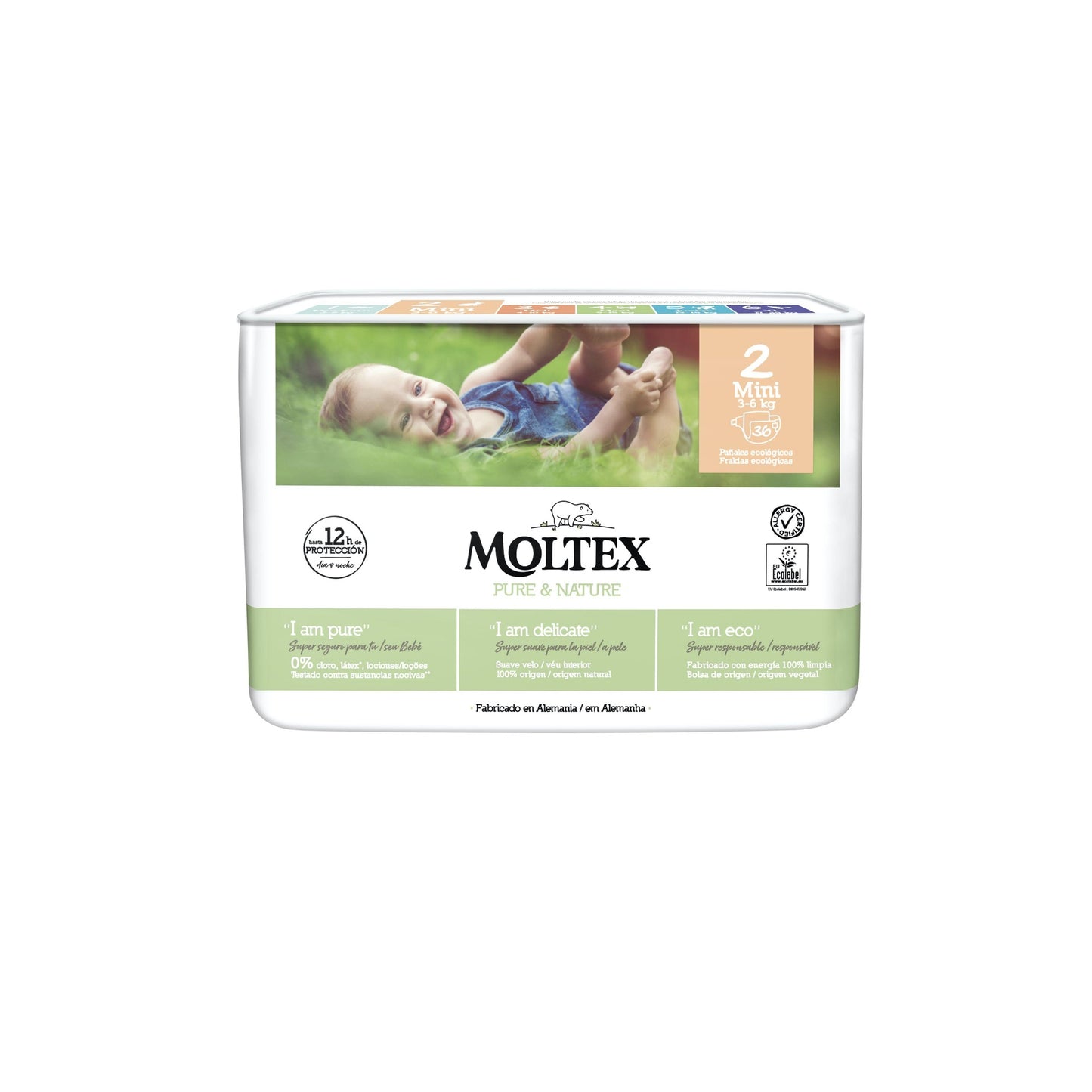 Fraldas T2 (3-6 kg) Moltex Pure &amp; Nature, 36 unidades