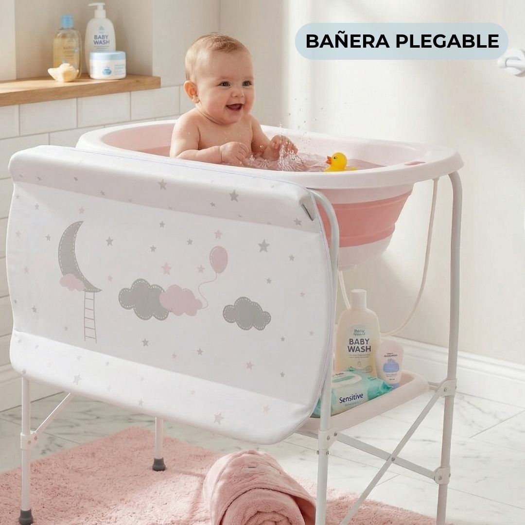 Bathby | Bañera Bebé 5 En 1 Plegable Con Soporte, Cambiador, Bandejas, Desagüe (rosa Standard)_1