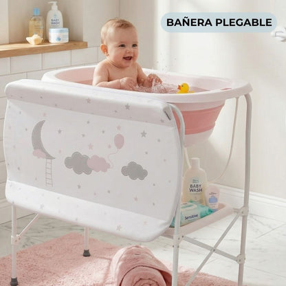Bathby | Bañera Bebé 5 En 1 Plegable Con Soporte, Cambiador, Bandejas, Desagüe (rosa Standard)_1